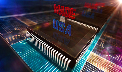 Processor factory with laser burning of Made in USA illustration