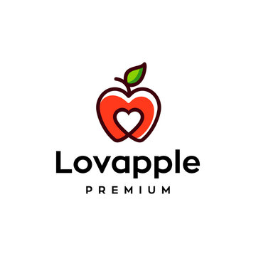 Creative apple logo with love Heart Inside and leaf icon Design Symbol Illustration in trendy colorful linear line style 