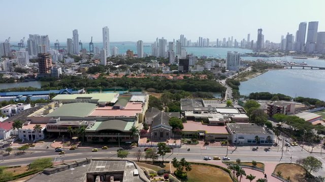 Aerial View of the marina and tall apartment buildings in the modern section of Cartagena, Colombia