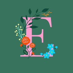 Whimsical floral botanical monogram alphabet - capital E vector elements with pine green background and pink font