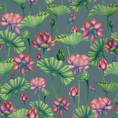 Poster Seamless pattern withpencil lotus flowers. Indian water lily pattern. Summer floral endless background. Botanical illustration. Use it for fabrics, textile, postcard, website design, wallpaper.  © Яніна Бондар