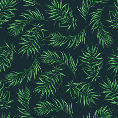 Seamless pattern with watercolor palm leaves. Tropical palm pattern. Summer floral endless background. Botanical illustration. Use it for fabrics, textile, postcard, website design, wallpaper. 