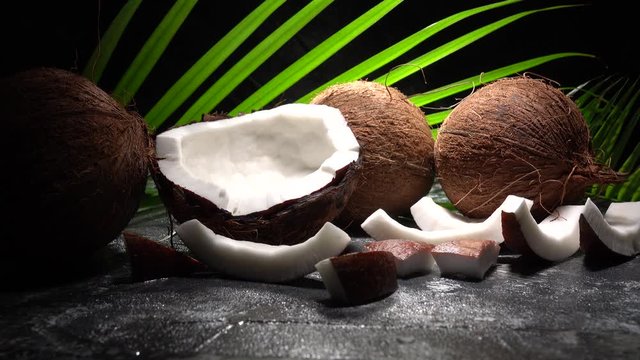 Fresh raw coconut with palm leaves on rustic background.