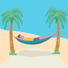 Fototapeta na wymiar Man lying in a hammock attached to palm trees. Lazy vacation, downshifting, freelance. Freedom in tropical resort.