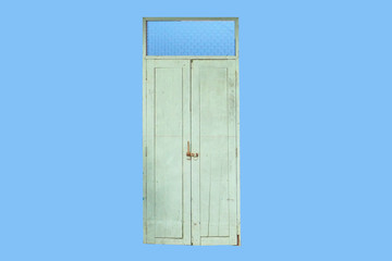 white door and blue window with light blue wall