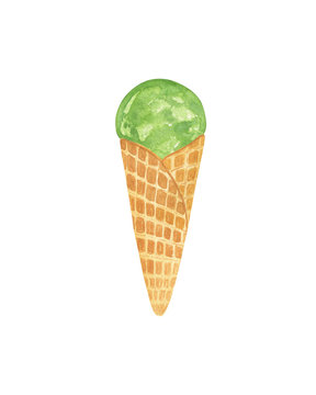 Kiwi ice cream in a waffle cone fruity frozen juice watercolor food illustration, sweet simple dessert for summer or holiday design, hand drawn isolated image on the white background