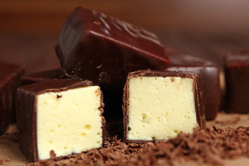 Soft chocolate covered candy filled with soft lemon meringue