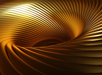 3d render of abstract art of surreal industrial machinery background with part of rotor turbine aircraft jet engine with sharp spiral blades in curve lines pattern in matte gold material © Philipp