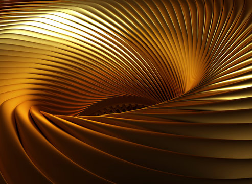 3d render of abstract art of surreal industrial machinery background with part of rotor turbine aircraft jet engine with sharp spiral blades in curve lines pattern in matte gold material
