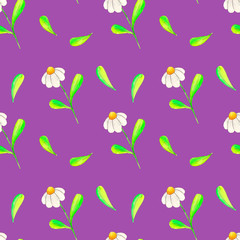 Watercolors draw a spring seamless pattern on a purple background, consisting of daisies and leaves.