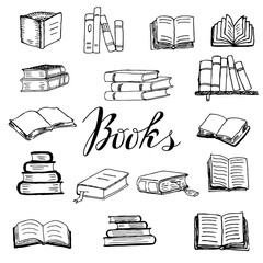 Set of books thick and thin lying horizontally and standing vertically on shelves, open and closed, with bookmarks. Doodle hand drawn isolated objects. Vector illustration on white background