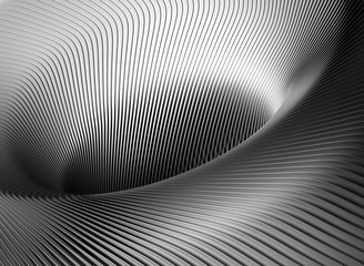 3d render of abstract art black and white monochrome of surreal industrial machinery background with part of turbine aircraft jet engine with sharp spiral blades in lines pattern in matte titanium