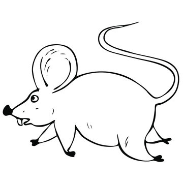 Vector running mouse in doodle style. Stock image of a cute mouse on a white background. Illustration of a young rat. Character for children's book, design and sticker.