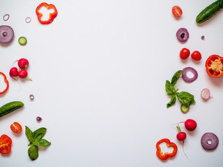 Food frame with fresh vegetables on white background top view space for text