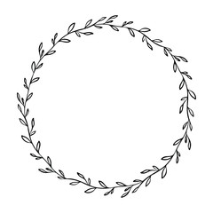 Leaves Round frame vector ink hand drawn Black sketch illustration.