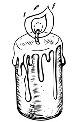 Burning candle in a hand drawing style. Wax candle to create a romantic or festive mood. The symbol of lovers on Valentine's Day. Image for cards, decorations and design. Light source on a white fond.