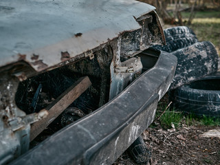 Abandoned and destroyed cars, post-apocalyptic look.