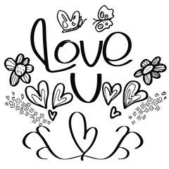 Two butterflies flying to each other. Decorative vector elements from hearts and flowers on a white background. Lettering of the phrase 