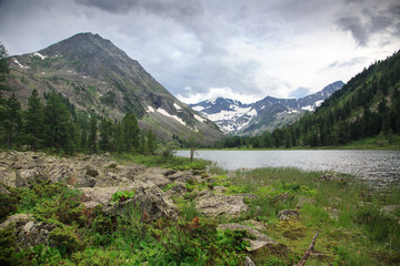 Naklejka na ściany i meble Mountain landscape with a lake, Altai.