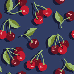 Vector summer pattern with sweet cherries and leaves. Seamless texture design.