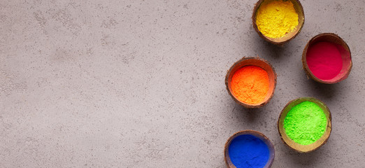 Dry multi colors in coconuts on gray background