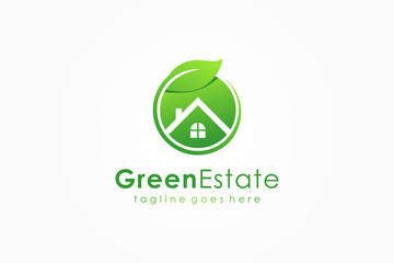 Real Estate Logo. Green Circular House Icon with Leaf Symbol around isolated on White Background. Flat Vector Logo Design Template Element.