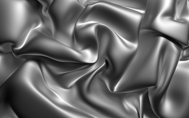 3d render of abstract black and white monochrome art of 3d background with part of silky textile drapery in curve wavy lines with big wrinkles in matte liquid aluminium metal material