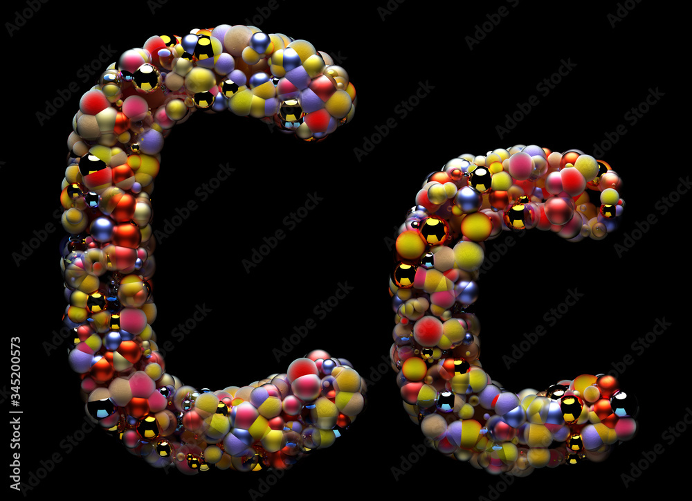 Fototapete 3d render of abstract art alphabet 3d letters c, uppercase and lowercase, based on small balls parti