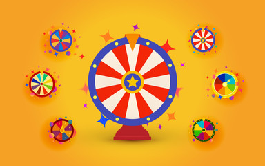 Fortune wheels set for web casino, prize draws and cash prizes, isolated vector wheels icons on bright yellow background