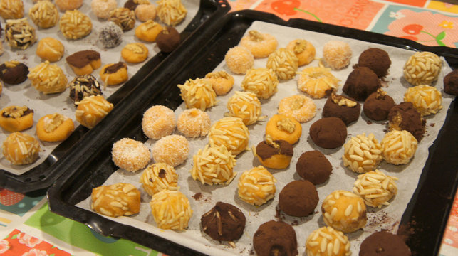 Real homemade sweet Spanish dessert panallets traditional for the Halloween all Saint Day in Catalonia.