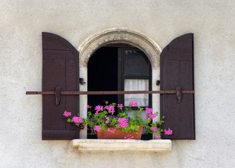 Beautiful architectural detail, an old window with an arch top, with brown shutters and purple geranium flowers growing in the pot