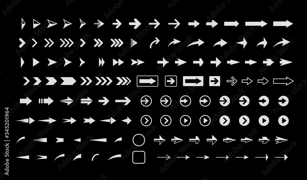Aufkleber white arrows on black background, vector icons set, interface isolated symbols pack. next, forward, 
