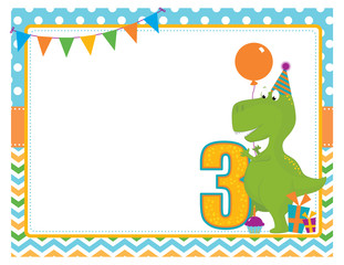A vector illustration of a blank empty third birthday party invitation frame with a cute Tyrannosaurus Rex dinosaur wearing a party hat, holding a balloon with gifts