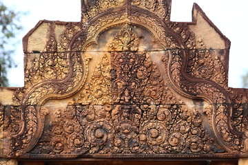 Beautiful stone carving at the Banteay Srei temple near Angkor Wat (Siem Reap, Cambodia) 