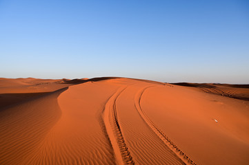 Fototapeta na wymiar Red sand and car trails in the Arabian desert. In Saudi Arabia near Riyadh (Mozahmeia area)
