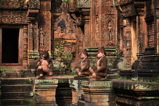 Karuda Bird Gardians Carvings at Banteay Srei Red Sandstone Temple, Cambodia 
