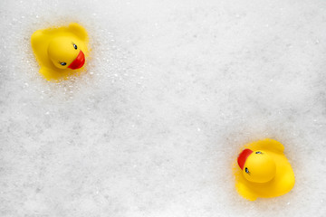 High Angle View of yellow rubber duck in bath swimming in foam water. Yellow rubber ducklings in...