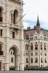 Hungarian Parliament building in the city of Budapest. Budapest at sunrise with clear blue sky. A sample of neo-gothic architecture, Budapest tourist attraction