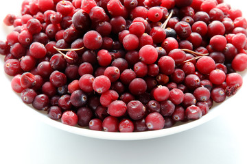 Frozen red cranberries in the white plate