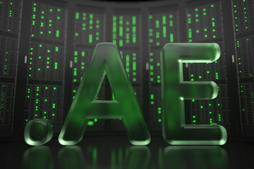 Domain .ae on server room background. Internet in the UAE related conceptual 3D rendering