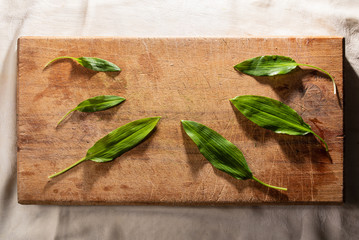 wild garlic or ramson on wooden cutting board, top view