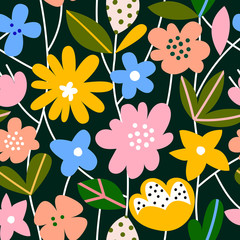 Hand drawn colorful floral seamless repeat pattern. Spring, summer flowers, trendy colors. Scandinavian style. Contemporary art for fabric, wrapping paper, wall art, packaging. Vector illustration