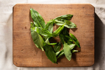 wild garlic or ramson on wooden cutting board, top view