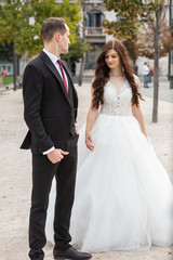 Fototapeta premium Bride and groom dancing in the old town street. Wedding couple walks in Budapest near Parliament House. Caucasian happy romantic young couple celebrating their marriage. Wedding and love concept.
