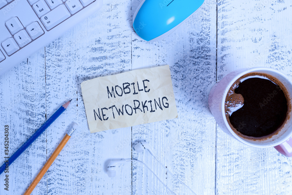 Poster writing note showing mobile networking. business concept for communication network where the last li