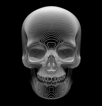 3d render of abstract art of surreal scary spooky halloween 3d scull in the dark, symbol or sign of depth, based on curve wavy lines or cords in white plastic material on black background