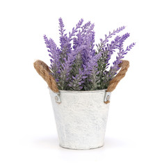 Lavender artificial flowers isolated on white background.