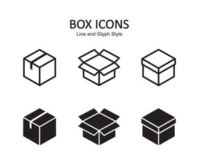 Box icon set. Delivery package, parcel box. Line and flat style design. Vector graphic illustration. Suitable for website design, logo, app, template, and ui. EPS 10.