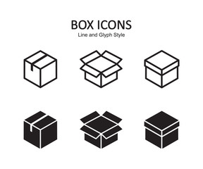 Box icon set. Delivery package, parcel box. Line and flat style design. Vector graphic illustration. Suitable for website design, logo, app, template, and ui. EPS 10.