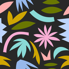Seamless pattern with jungle leaves, flowers and plants. Contemporary hawaiian floral сollage. Modern exotic art with abstract natural shapes in pastel colors. Vector illustration. 